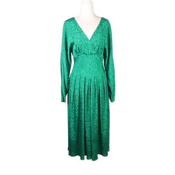 Vintage 80s REO Originals Emerald Green Satin Midi Party Dress 8 - Picture 1 of 6